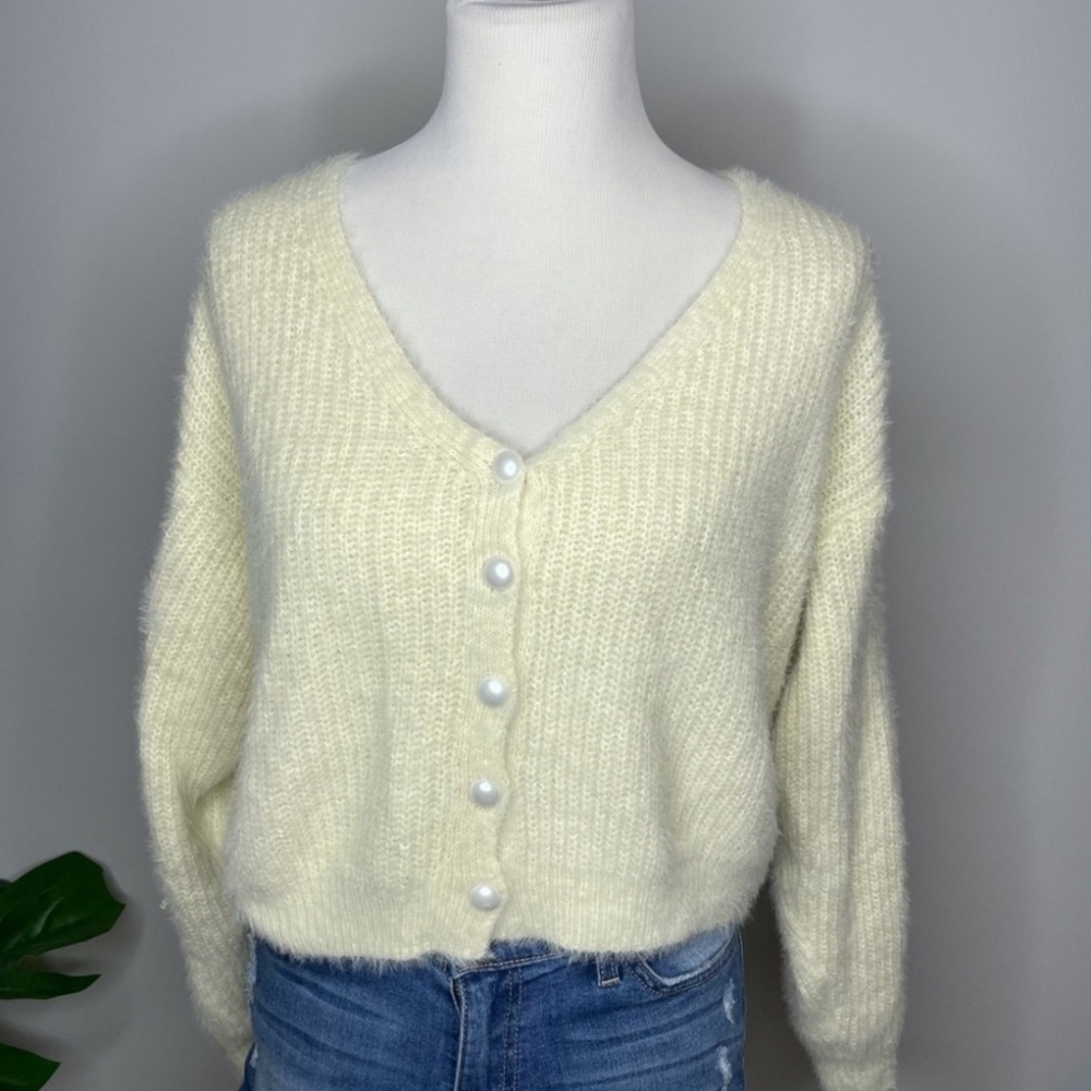 Nasty Gal Cream Fuzzy V-Neck Button Cardigan